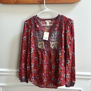 🌹🆕With Tags Women’s Lucky Brand Red Floral Long Sleeve V-Neck Blouse